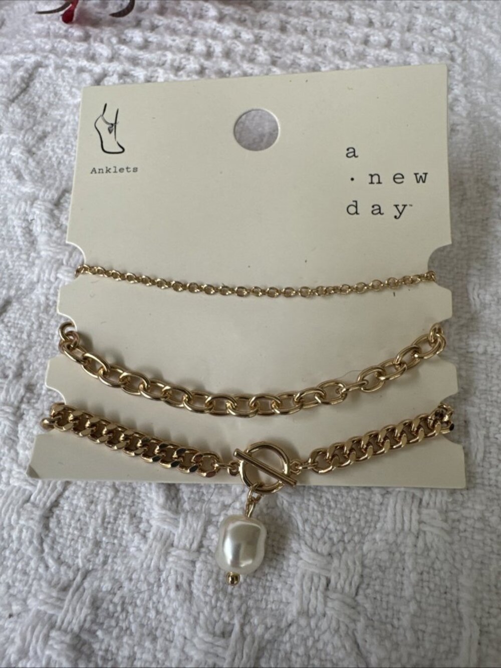 A NEW DAY Goldtone Stackable Anklet Ankle Bracelets 3 PC Pearl Charm Chain NWT